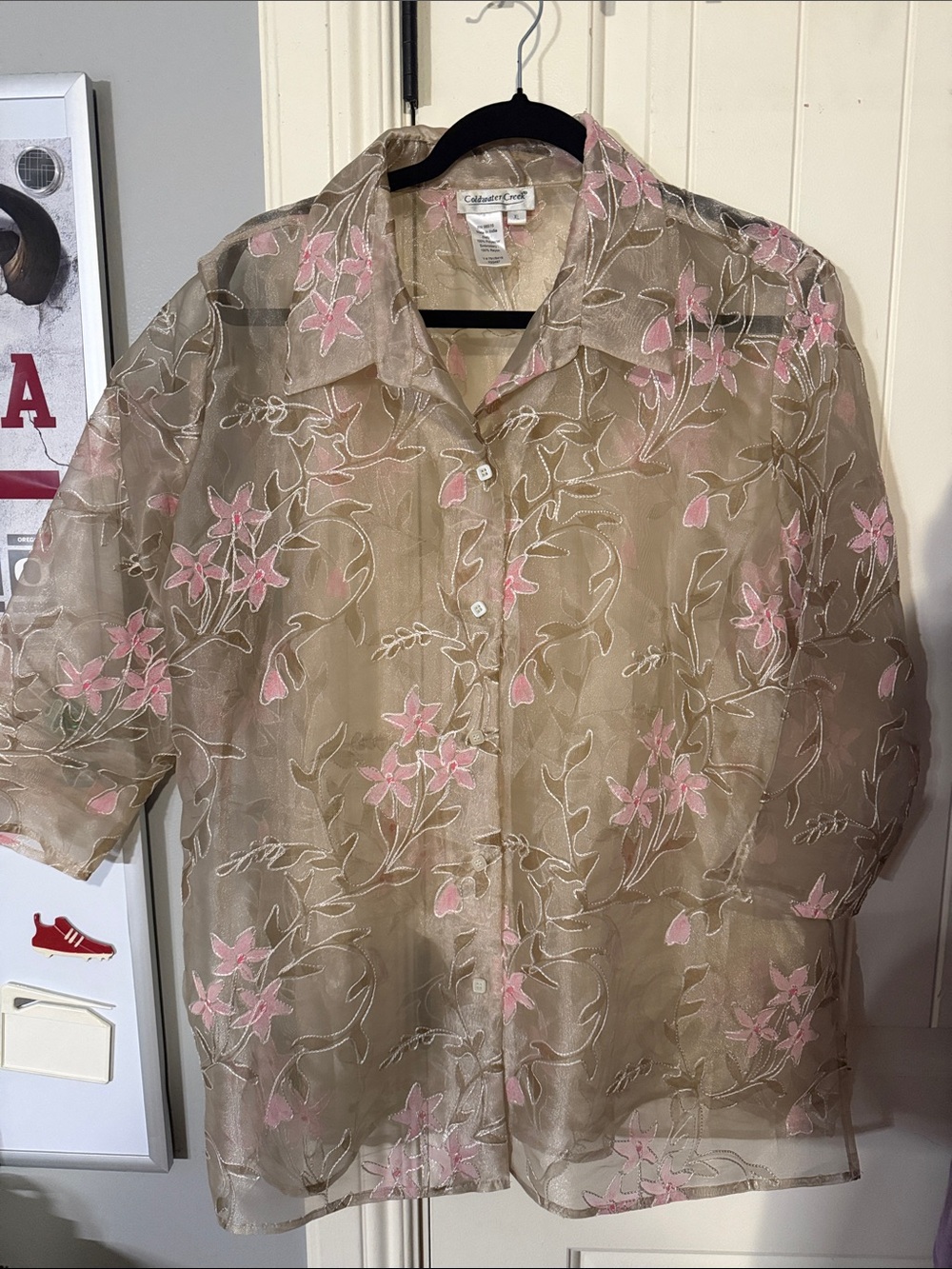 Coldwater Creek Sheer Beige Button-Down with Pink Floral Embroidery